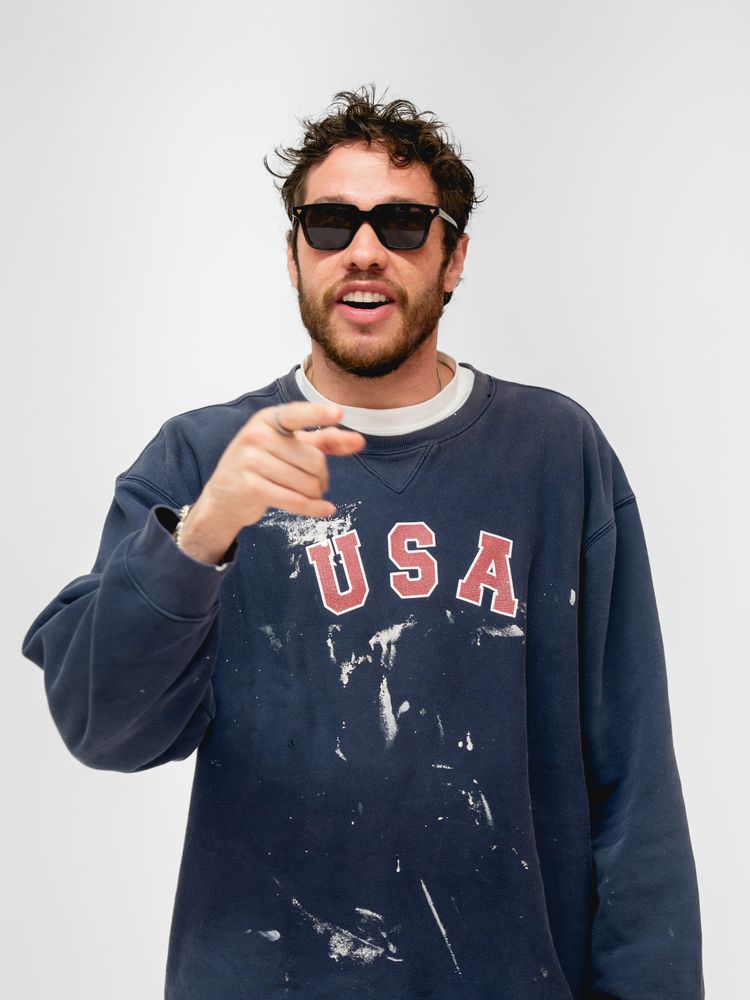 Pete Davidson, studio portrait 1 of 3, gray seamless backdrop